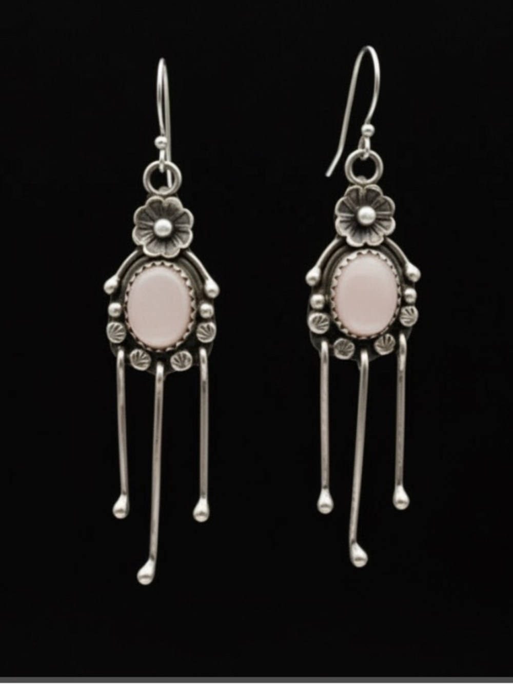 Vintage Navajo Sterling Silver Dangle Earrings Pink Stone Signed E 6.8g